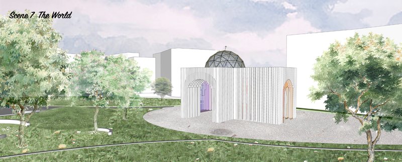 Scene 7 completes the narrative with the main chapel, set within a green landscape as the spiritual heart of the project.