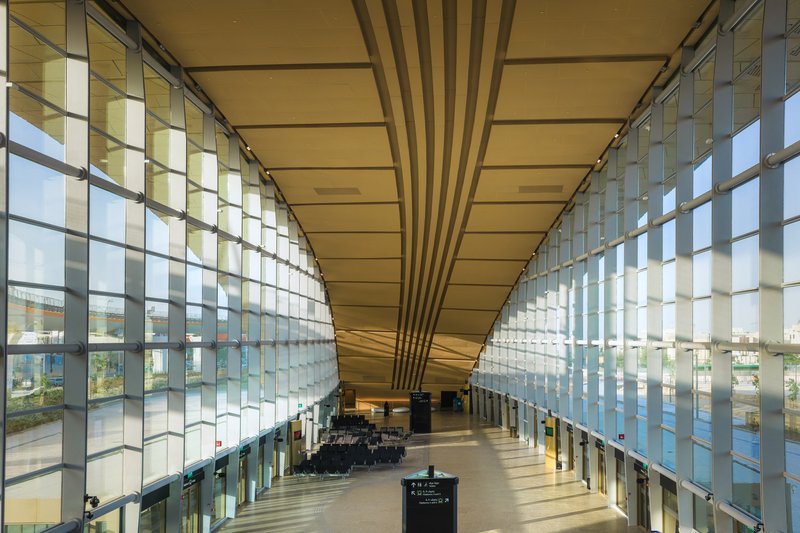 Symmetrical glass curtain walls flanking a central corridor with converging timber ceiling beams in daylight