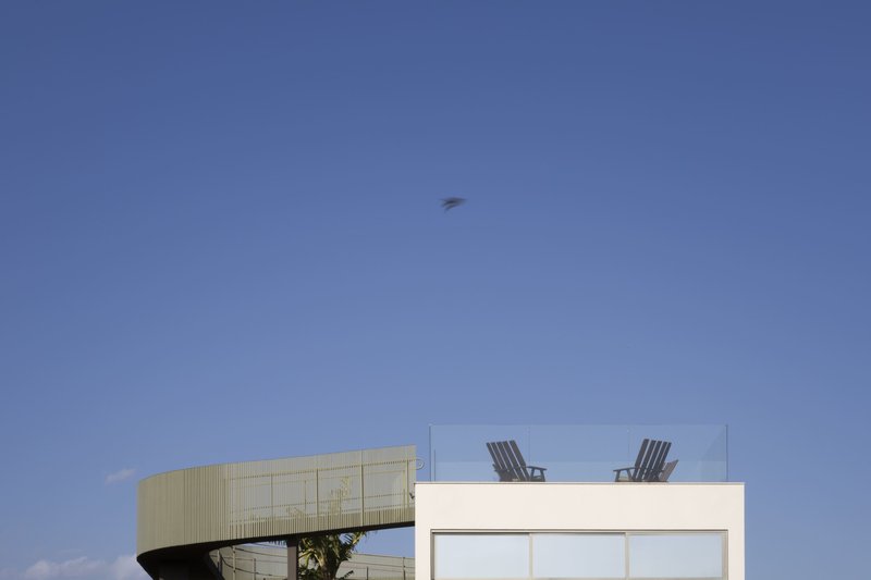 Rooftop terrace with two lounge chairs and a bird in flight overhead