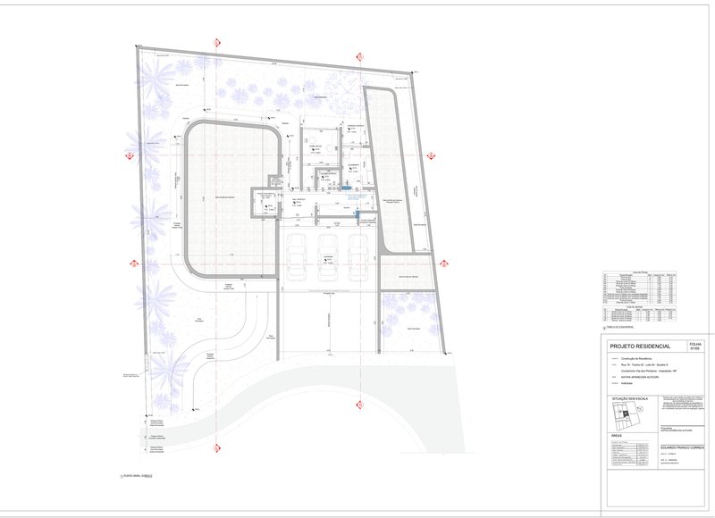 Site plan drawing showing pool and building footprints with landscape elements indicated