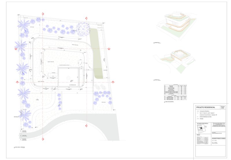 Ground floor plan with accompanying axonometric diagrams of the massing