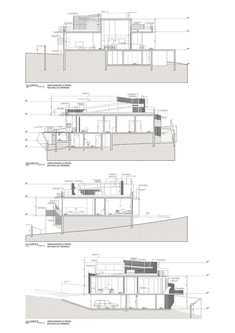Four sectional drawings showing the building stepping down a sloped site