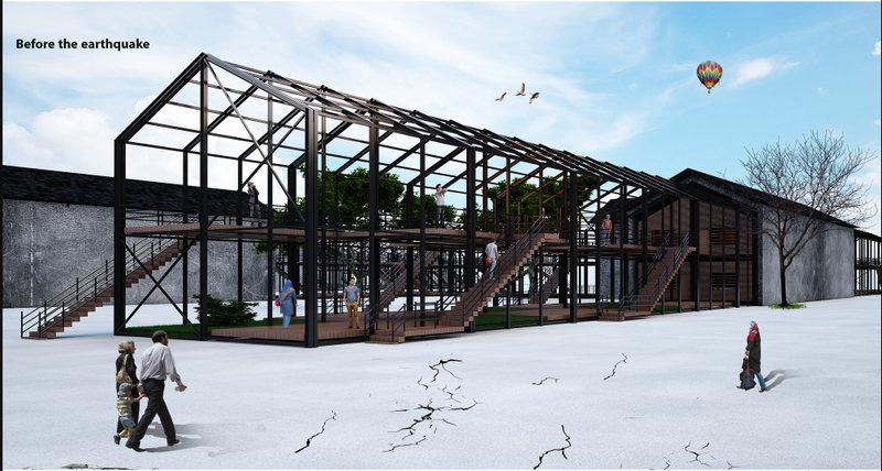 Before the earthquake, the reused shed becomes a civic gathering space