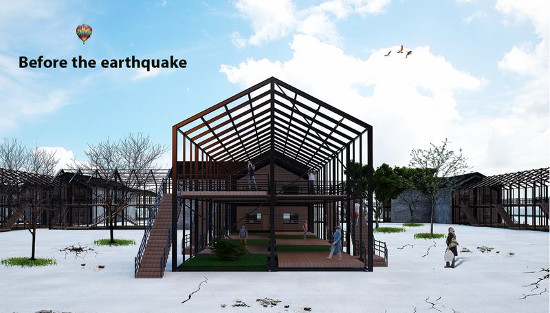 After the earthquake, modular housing transforms the site into emergency accommodation.