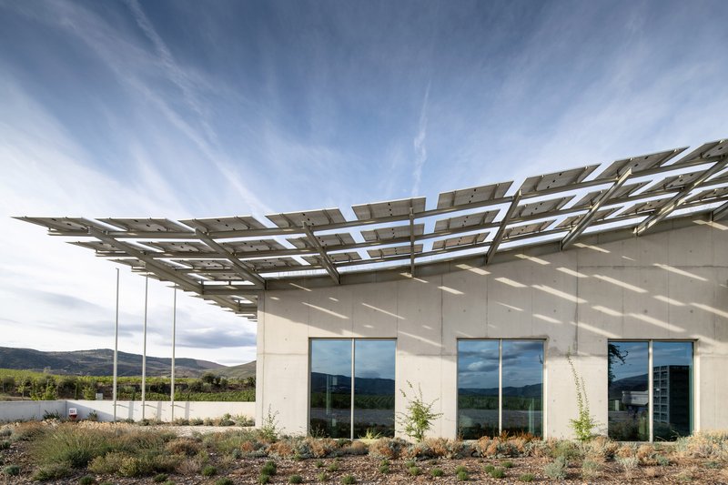 Corner view of white facade with photovoltaic canopy casting dappled shadows on planted surroundings