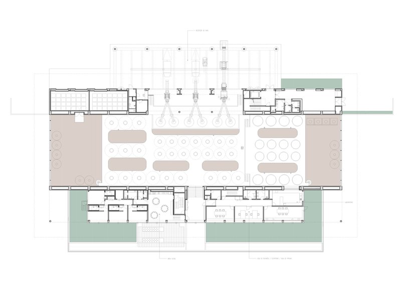 Floor plan drawing showing dining spaces with flanking terrace areas in green and central service core