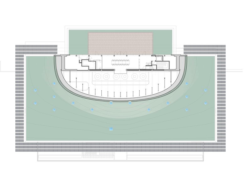 Site plan drawing showing a curved amphitheater-like landscape with blue accent markers in teal field