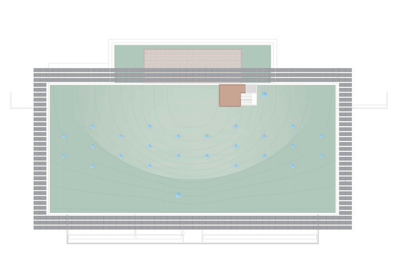 Site plan drawing depicting a rectangular green space with curved topography and a small pavilion structure
