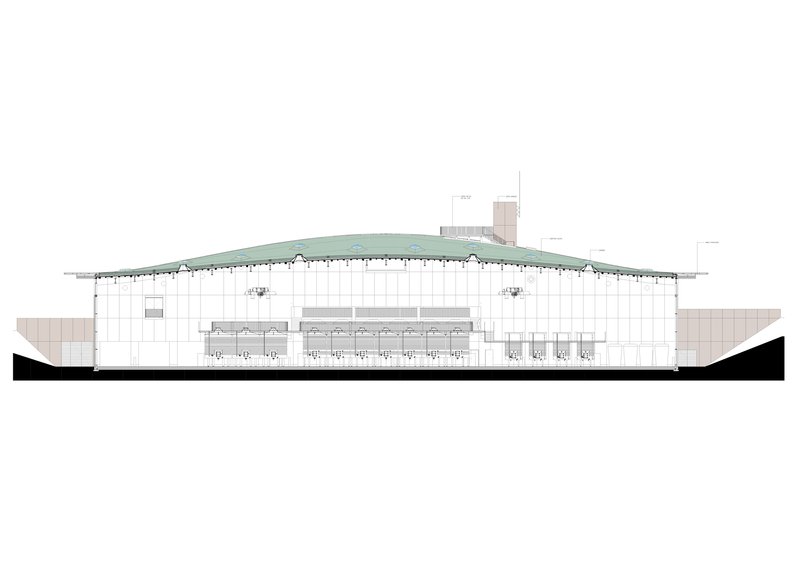 Section drawing revealing the curved roof structure supported by columns above an open interior