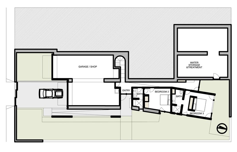 Floor plan drawing showing garage and two bedrooms connected by an entry hall