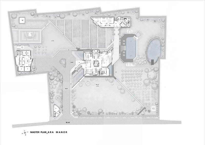 Master plan drawing showing a residence with central courtyard, pool and surrounding landscaped gardens