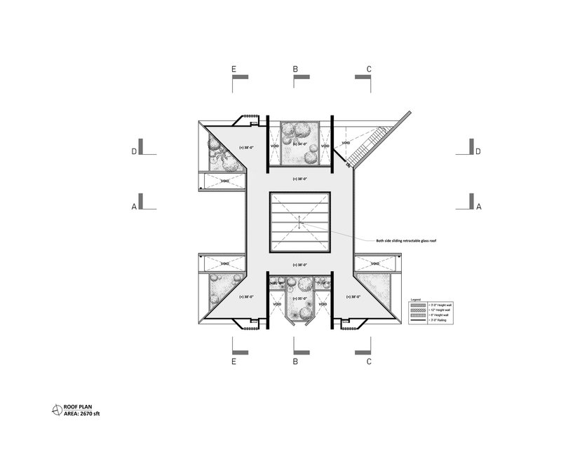 Roof plan drawing showing a central stair core surrounded by four bedroom suites with angled corner bathrooms