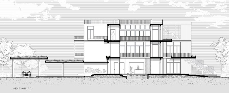 Section drawing revealing multi-level interior spaces with a carport and surrounding trees