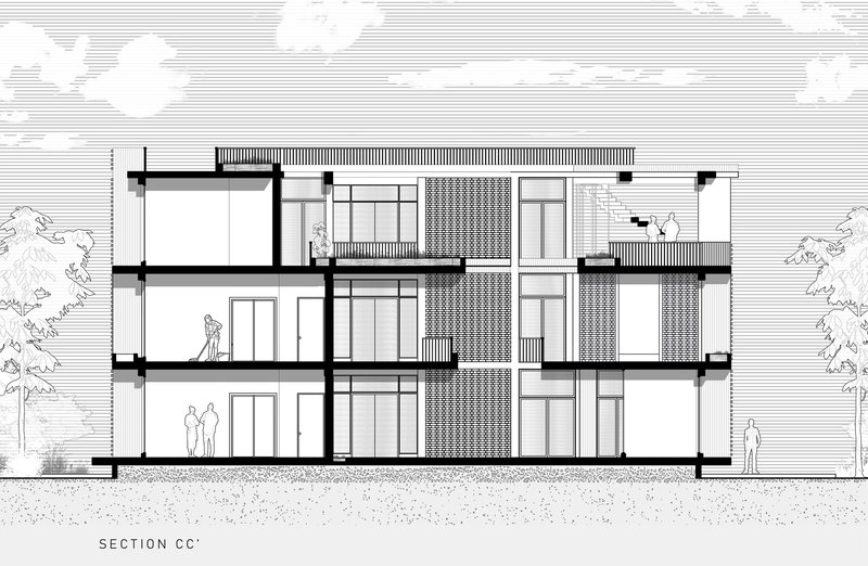 Section drawing depicting a three-story facade with patterned screens and flanking trees