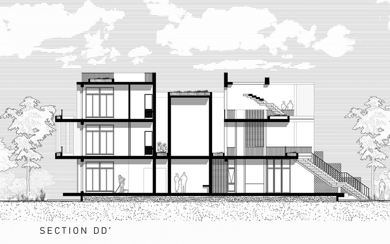 Section drawing illustrating staggered floor plates connected by an external stair and tree at grade