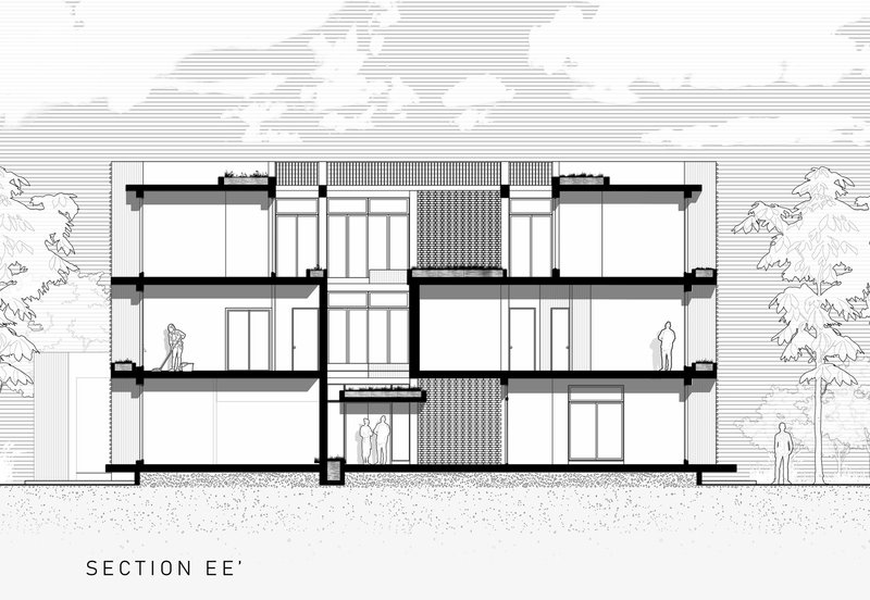 Section drawing showing symmetrical three-story volumes with central patterned screens and perforated panels