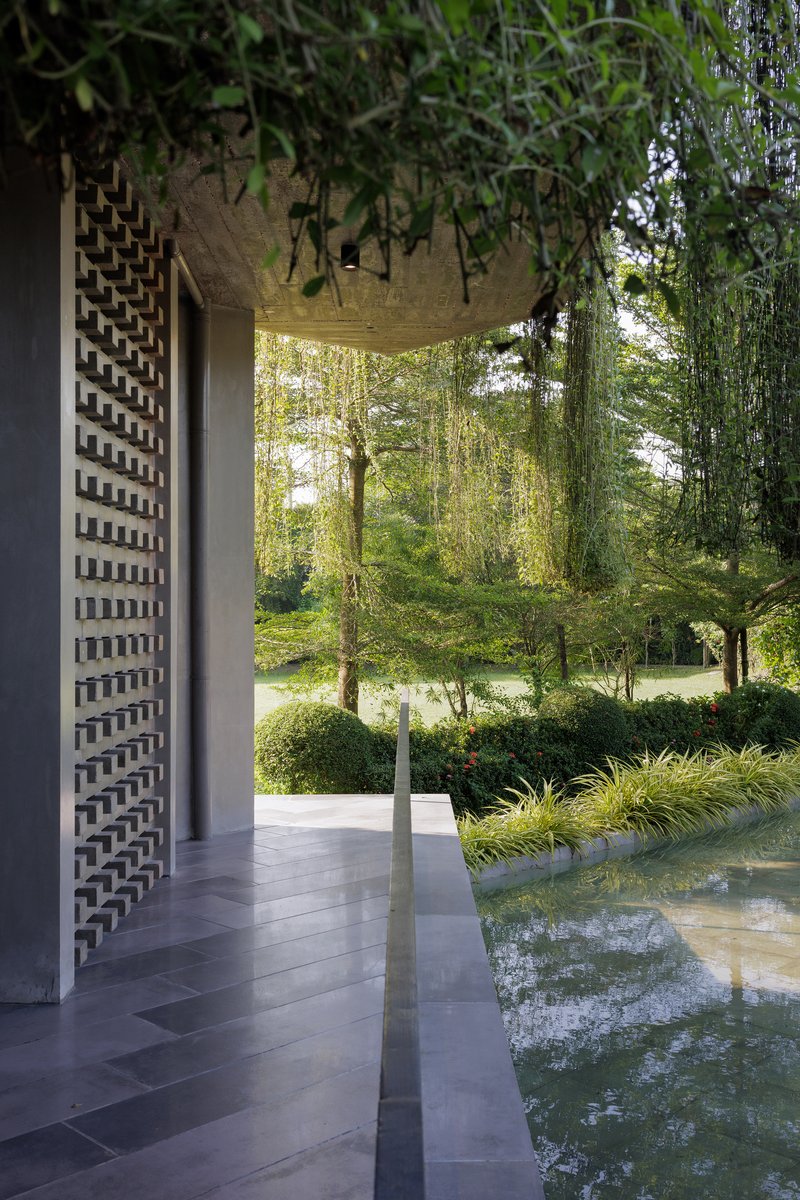 Covered walkway with perforated brick screen wall and concrete overhang draped with climbing vines