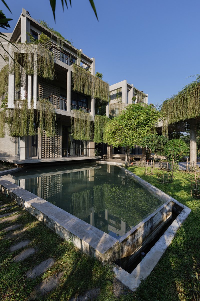 Concrete facade with cascading plants above a reflecting pool framed by stone coping in the garden