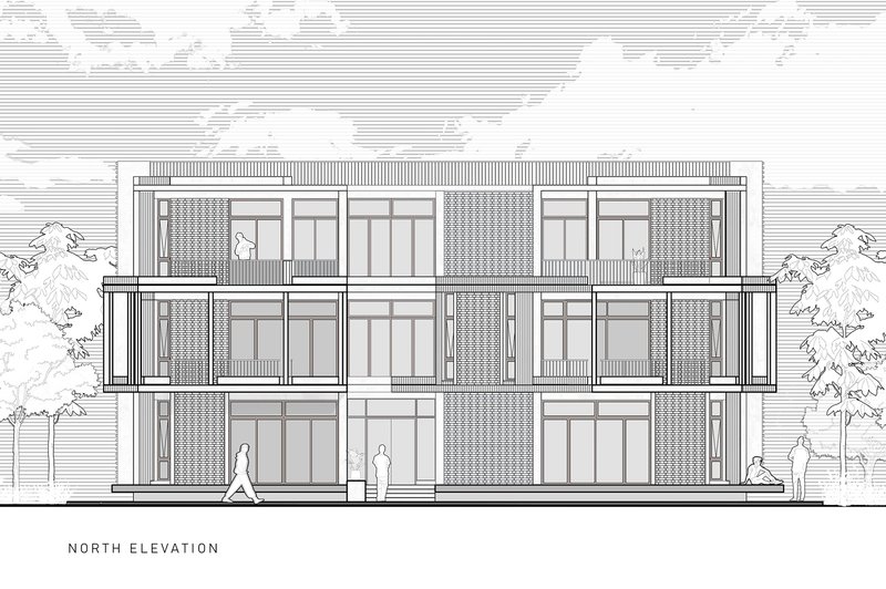 North elevation drawing showing alternating glazed openings and textured panel sections with pedestrian figures below