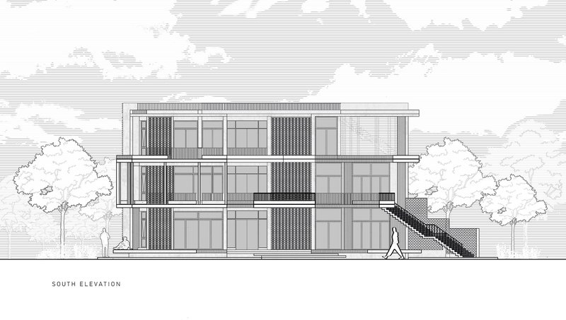 South elevation drawing featuring vertical louvered screens between glazed bays and an external staircase