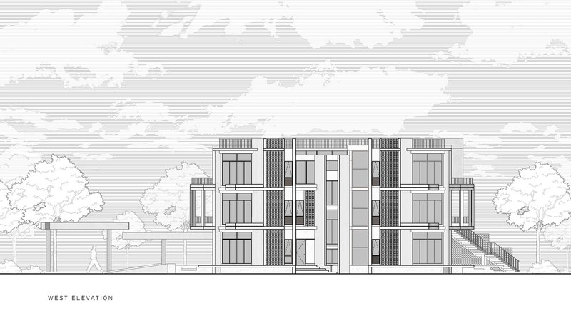 West elevation drawing with recessed balconies and vertical screening elements flanked by mature trees
