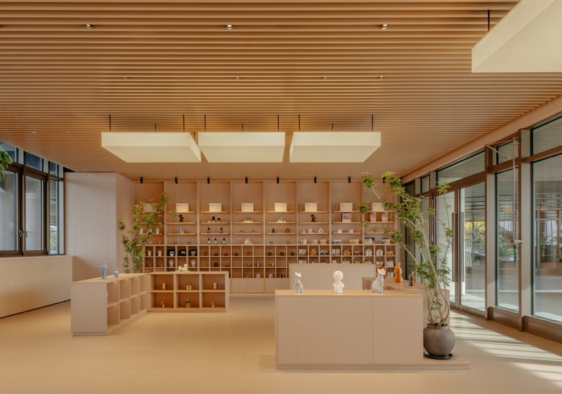 Reception area with horizontal timber slat ceiling and cubby storage wall beneath suspended white light panels