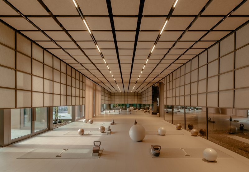 Exercise studio with gridded translucent walls, linear ceiling lights, and exercise balls scattered across the floor