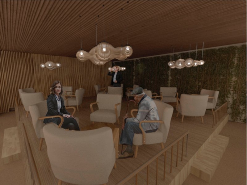 Private lounge zone designed with wood, soft chairs, pendant lights, and a green wall for calm conversations and relaxation.