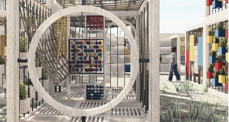 A circular entry frame defines safe movement, play, and discovery for children.
