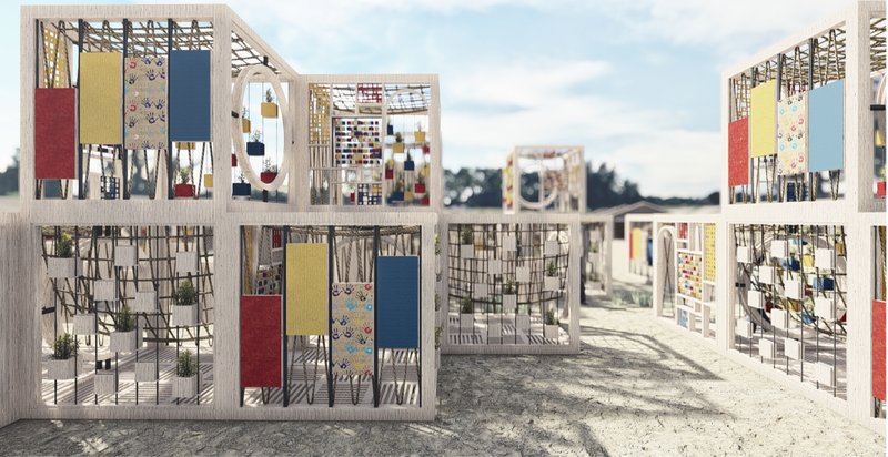 Colorful panels, plant basins, and open frames turn play into an educational experience.