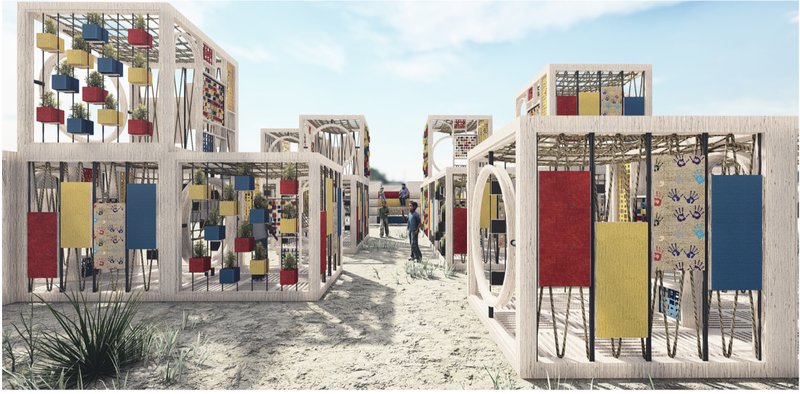 Colorful modular cubes create a hopeful play and learning corridor for children in Kutupalong Refugee Camp.