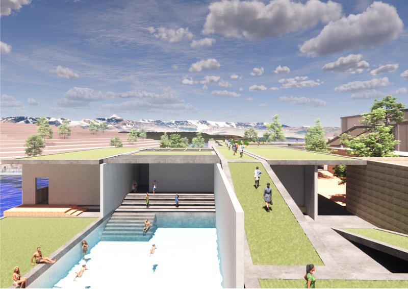Therapeutic water zone combining pools, stepped seating, and landscaped circulation across multiple levels.