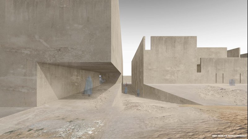 A controlled market entrance creates a guarded threshold between city and shelter.