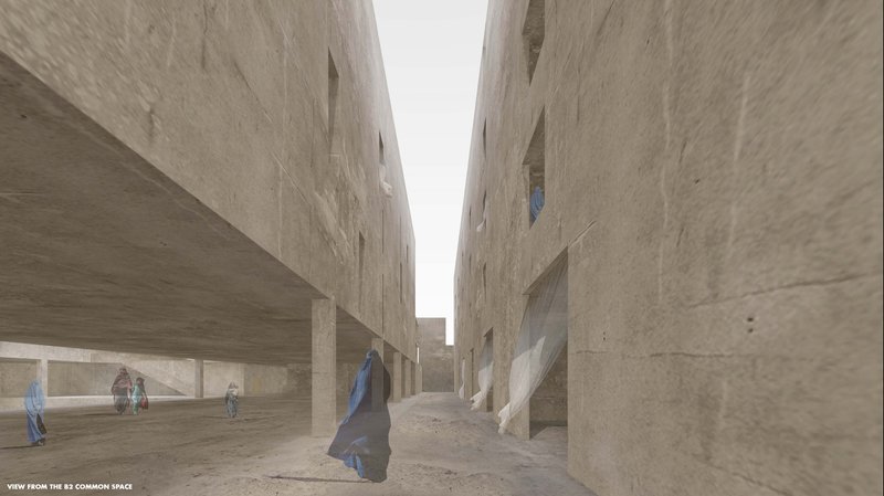 Narrow internal passages open into shaded common spaces for safe movement.