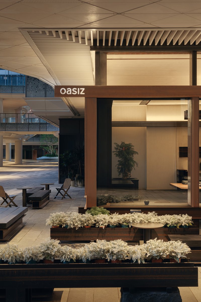 Glass-walled pavilion with timber frame and planted beds of white flowering groundcover at dusk