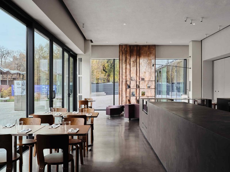 Interior cafe space with polished concrete floor, timber feature wall, and floor-to-ceiling glazing overlooking the terrace