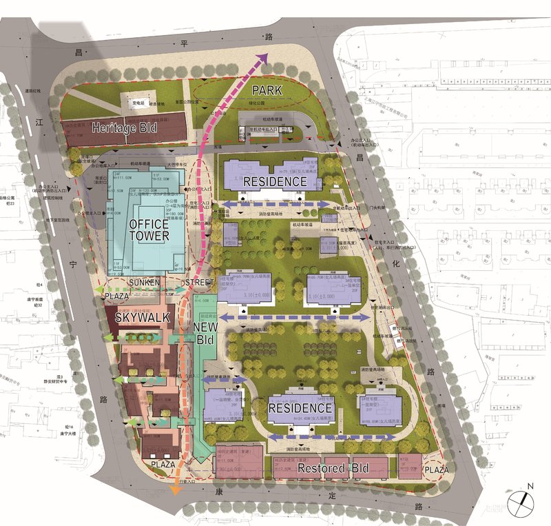 Site plan drawing showing mixed-use program with tower, heritage buildings, plazas, and landscaped park areas