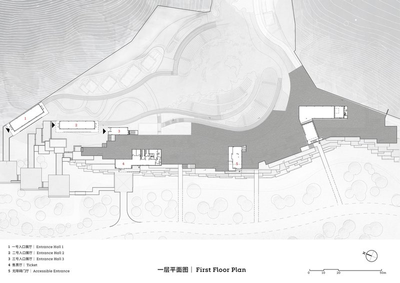 First floor plan drawing showing entrance halls and a curved landscape area with topographic contours