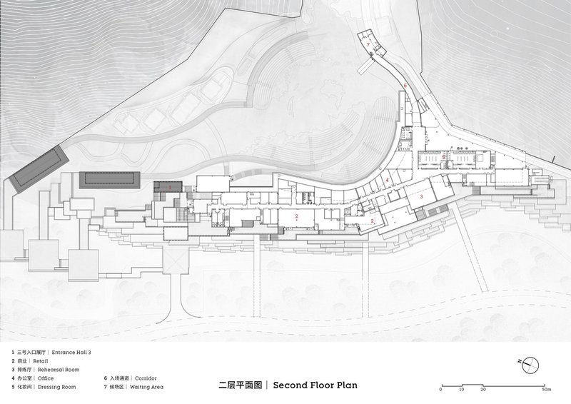 Second floor plan drawing showing retail spaces and a curving layout with topographic context
