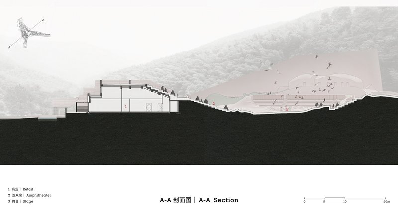 Section drawing showing interior volumes carved into a hillside with figures on a terraced landscape