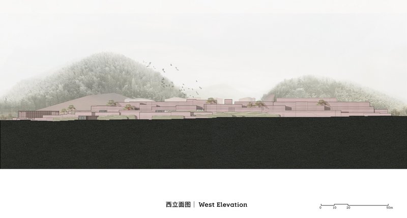 West elevation drawing showing a low horizontal mass with staggered volumes beneath two forested hills in fog