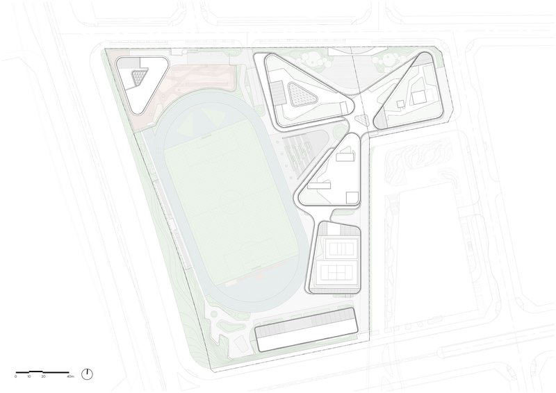 Site plan drawing showing triangular building cluster around central sports field and oval track