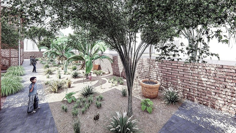 Planted garden space brings shade, food, and ecological value to the shelter.