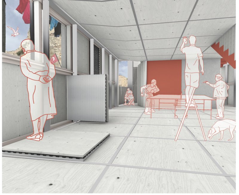 Flexible communal interiors support recreation, social interaction, and multigenerational life within Hollow’s shared residential environment.