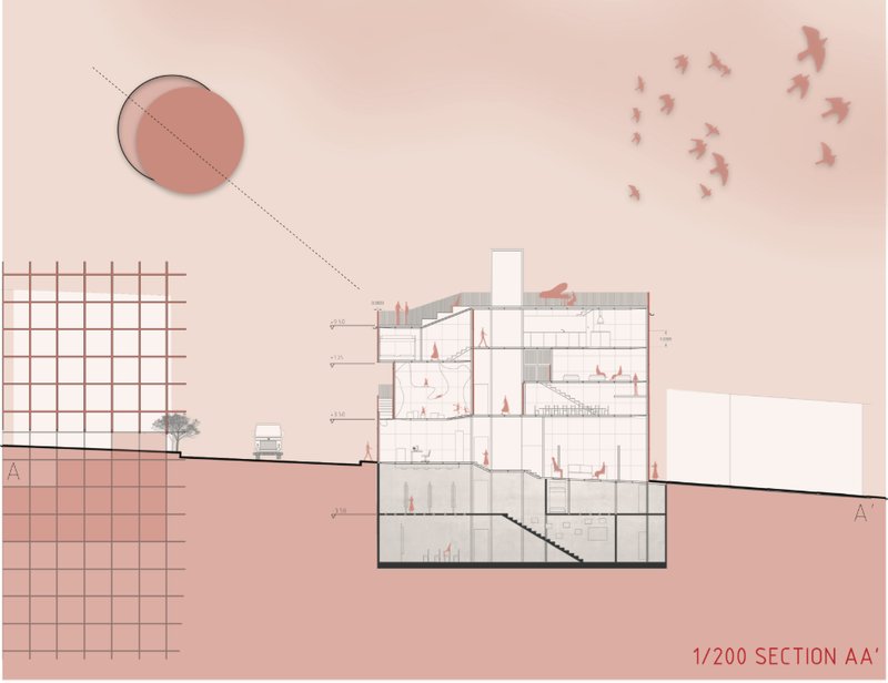 Section AA’ reveals the project’s layered vertical organization, connecting shared spaces, circulation, and underground levels across the sloping site.