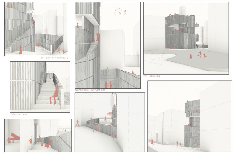 Exterior studies show how courtyards, stairs, openings, and street connections transform the building edge into an active social interface.