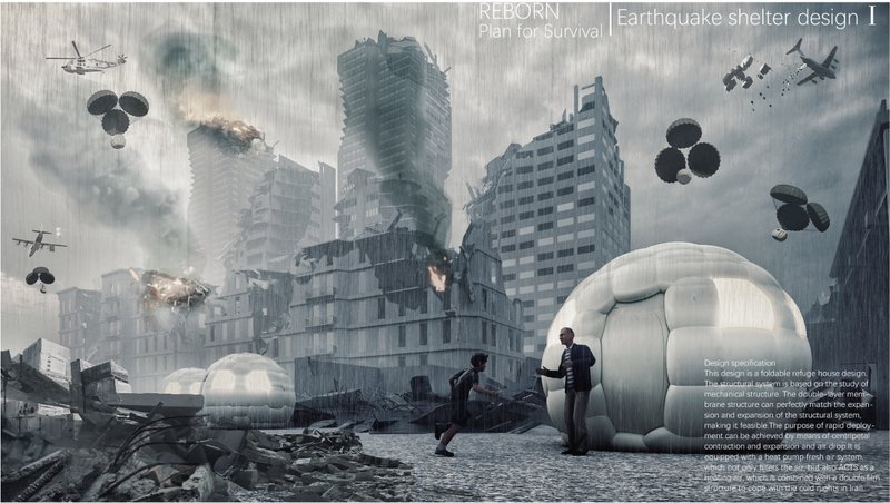 Foldable refuge shelters deploy across a damaged earthquake zone, offering immediate protection amid urban collapse.