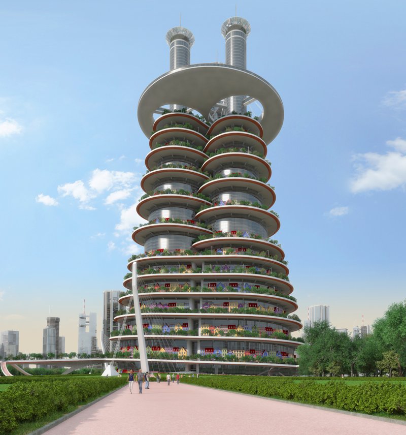 CityScraper rises as a layered vertical city, combining housing, greenery and urban infrastructure within a monumental megastructure.