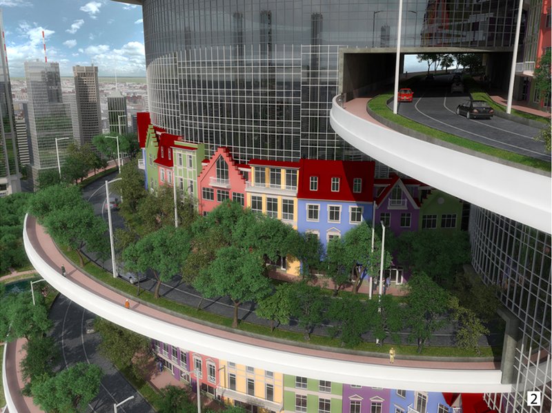 Tree-lined streets and colorful townhouse facades transform elevated levels into familiar, human-scale vertical neighborhoods.