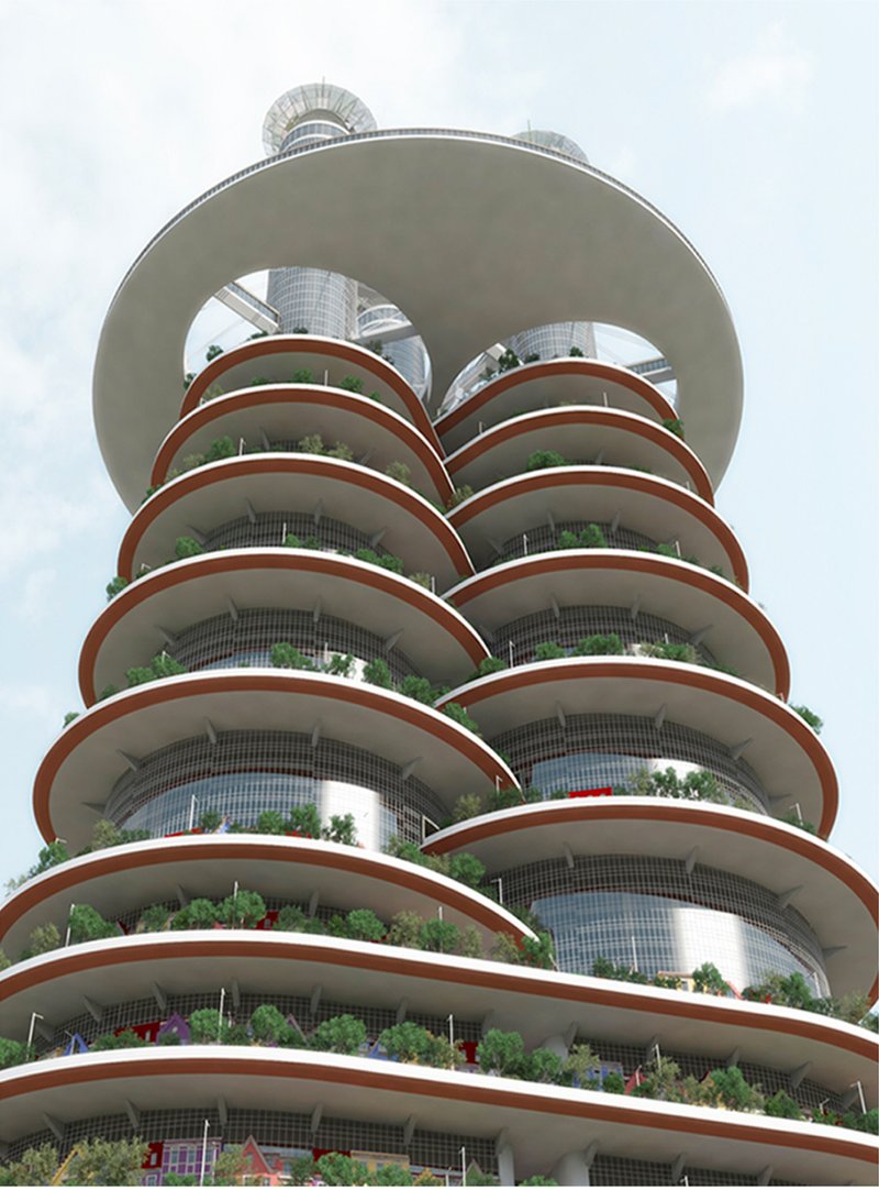 Layered circular terraces wrap the tower with planted edges, creating a continuous relationship between architecture and greenery.